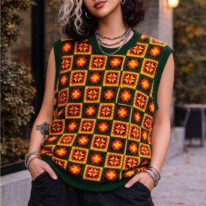 Unisex Wesc Multicolor Crochet Floral Knit Vest - Green, Yellow & Red
